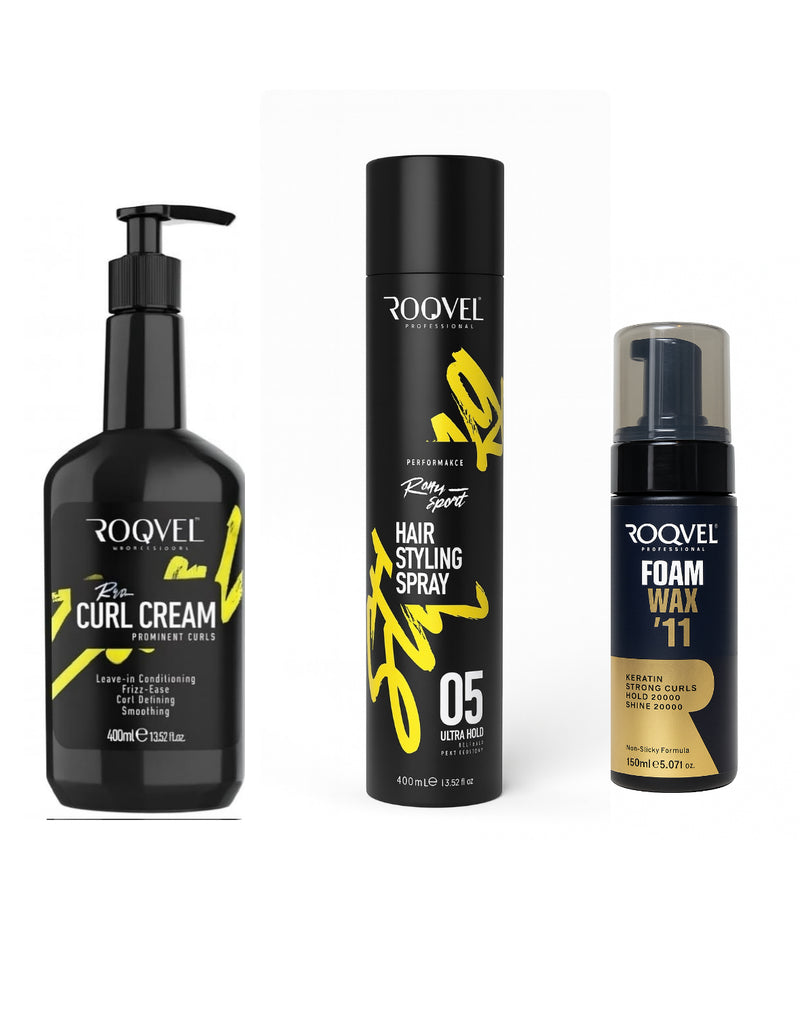 CURL SET 3 Stück Cream &Foam wax &Extra hold Hair spray ROQVEL